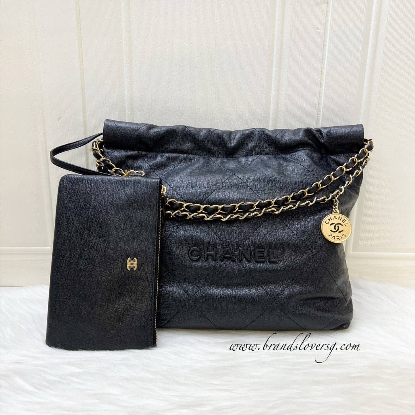 Chanel 22 Small Hobo Handbag in Black Shiny Caviar and AGHW (Model: AS3260)