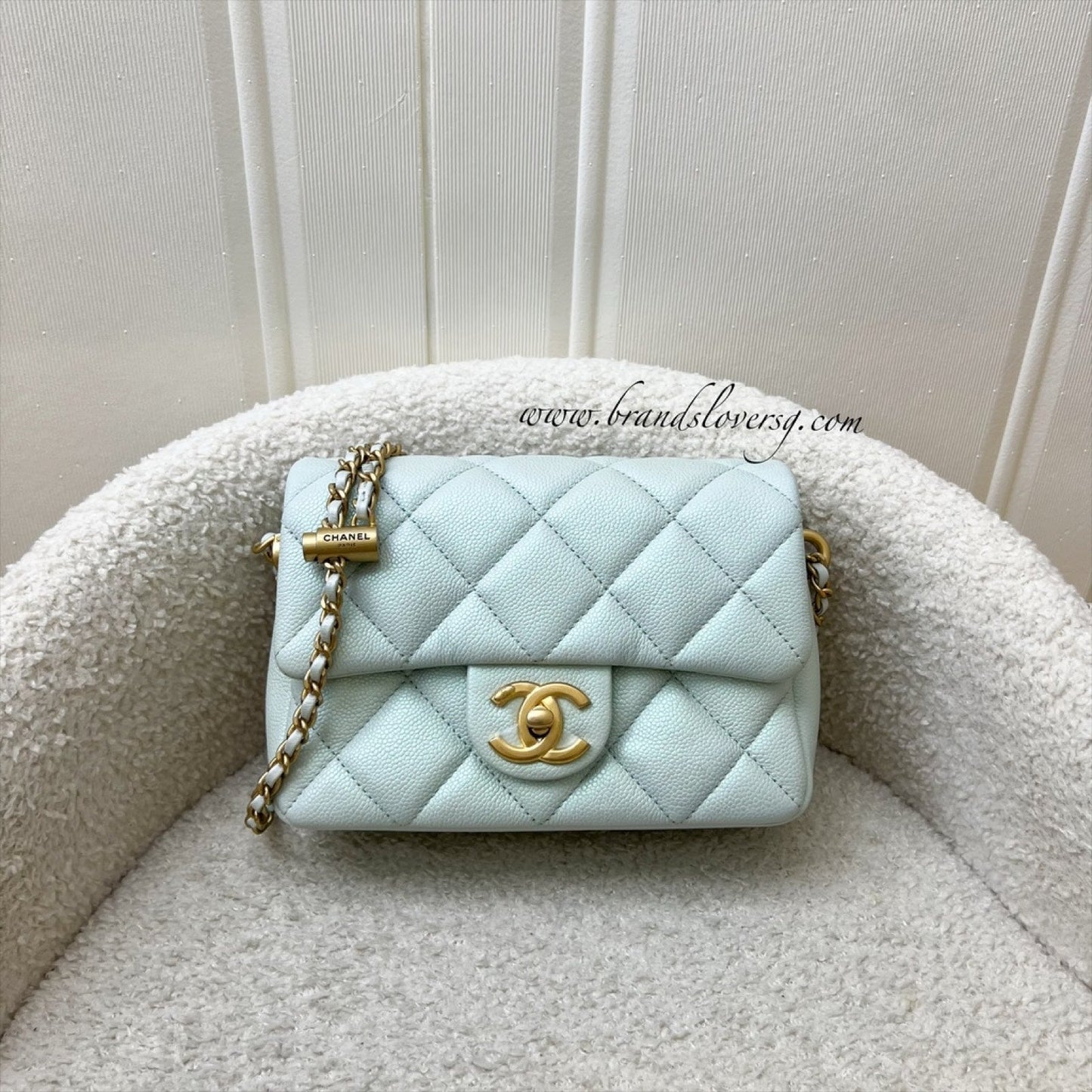 Chanel 21K Perfect Mini Flap Bag with Adjustable Chain in Iridescent Mint Caviar and AGHW (Model: AS2855)