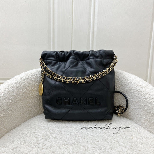 Chanel 22 Mini Hobo Handbag in Black Shiny Caviar and AGHW (Model: AS3980)