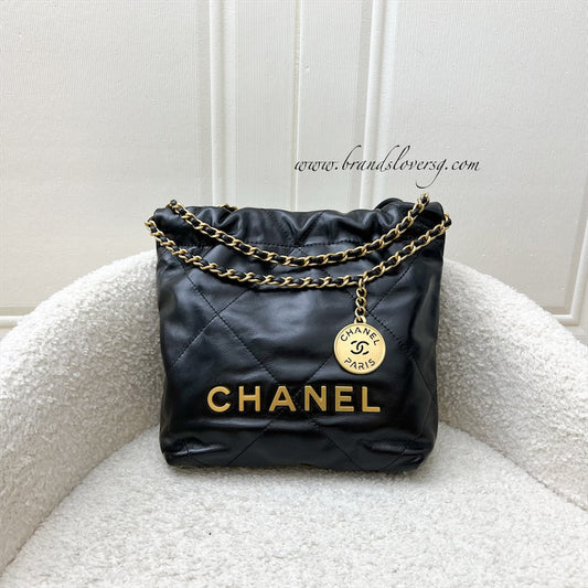 Chanel 22 Mini Hobo Handbag in Black Shiny Calfskin and AGHW (Model: AS3980)