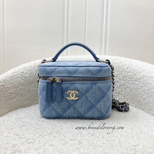 Chanel 22B Cheer for Chanel Vanity Case with Top Handle in Light Blue Fabric and LGHW (Model: AS3171) Handbag
