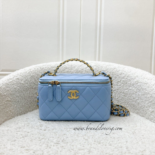 Chanel 22S "Pick Me Up" Vanity with Top Handle in Baby Blue Caviar and AGHW (Model: AP2805) Handbag
