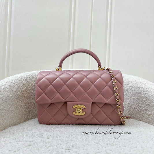 Chanel Top Handle Mini Rectangle Flap in Pink Lambskin AGHW Handbag