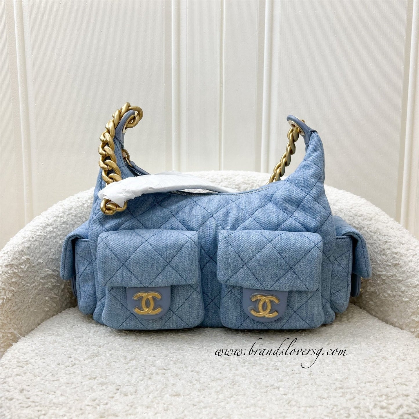 Chanel 25C Large Hobo Bag in Light Blue Washed Fabric and AGHW (Model: AS5339)