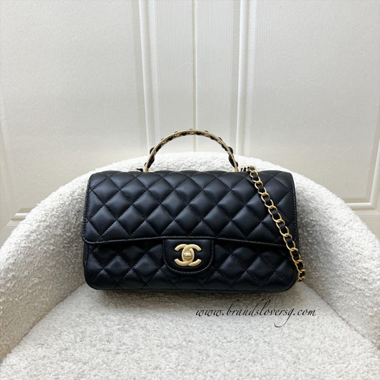 Chanel 23K Small Flap with Top Handle in Black Lambskin and AGHW (Model: AS4408) Handbag
