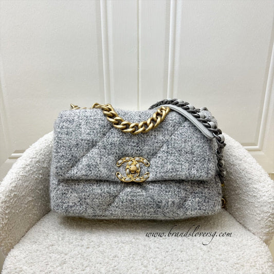 Chanel 19 Small Flap Bag in Light Grey Tweed and 3-Tone HW
