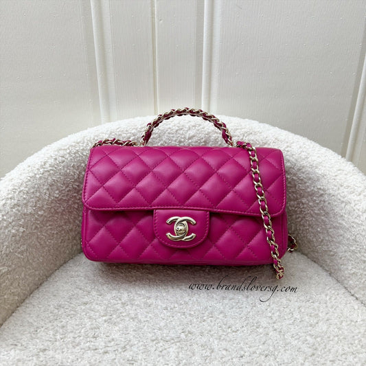 Chanel 23A Mini Rectangle Flap with Crystals Top Handle in Hot Pink Lambskin and LGHW (Model: AS4141) Handbag
