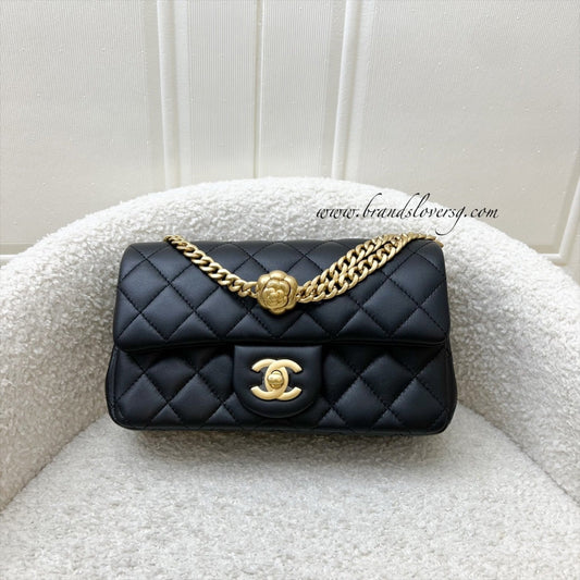Chanel Mini Rectangular Flap Bag with Camellia Flower Adjustable Chain in Black Stiff Lambskin and AGHW (Model: AS4041)