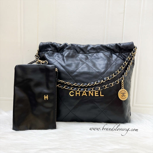 Chanel 22 Small Hobo Bag in Black Shiny Calfskin and AGHW (Model: AS3260)