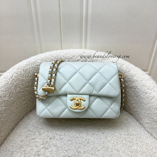 Chanel 21K Perfect Mini Flap Bag with Adjustable Chain in Iridescent Mint Caviar and AGHW (Model: AS2855)