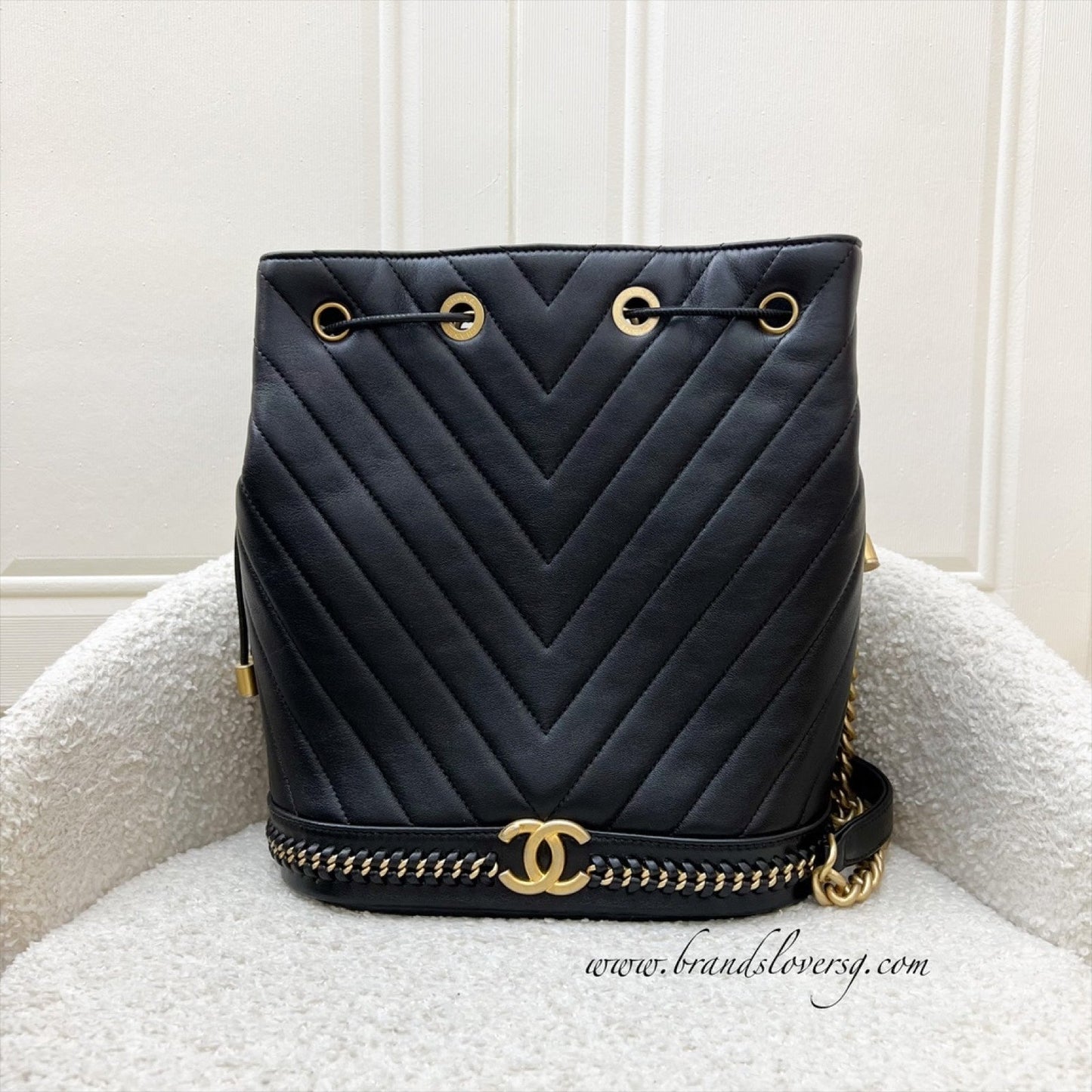 Chanel Chain Around Bucket Bag in Black Chevron Calfskin and AGHW