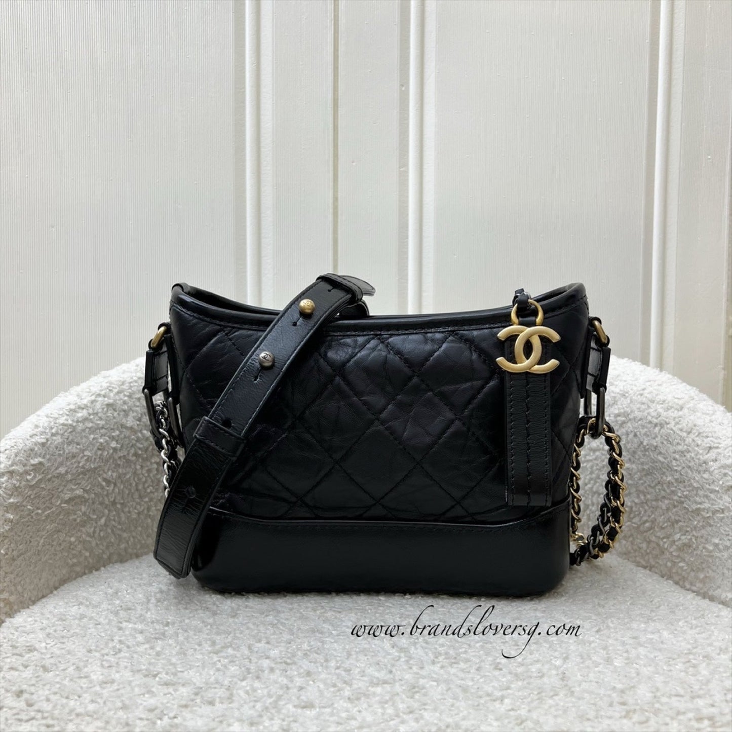 Chanel Small Gabrielle Hobo in Black Distressed Calfskin and 3 tone Hardware Shoulder Bag