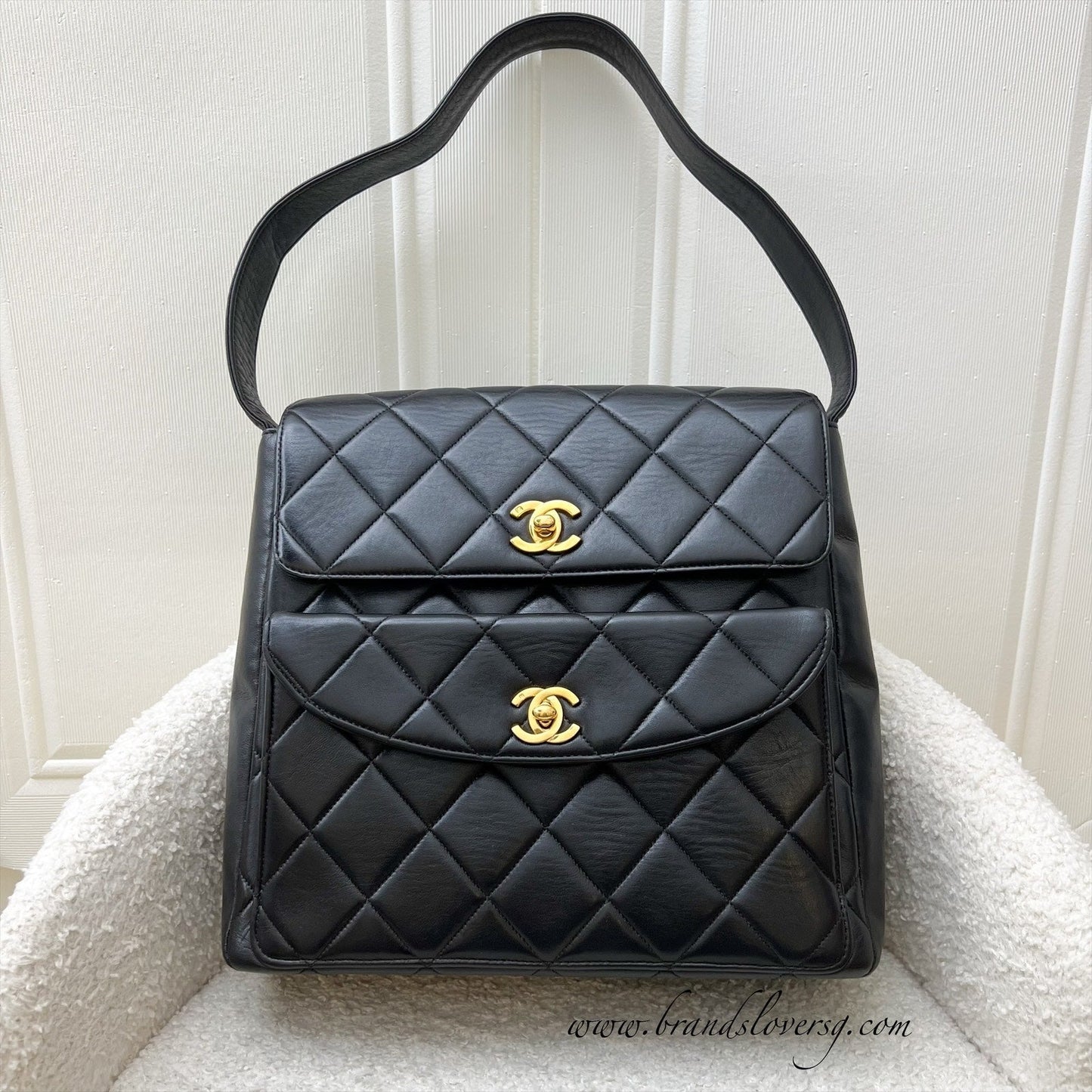 Chanel Double Pocket Shoulder Bag in Black Lambskin and 24K GHW