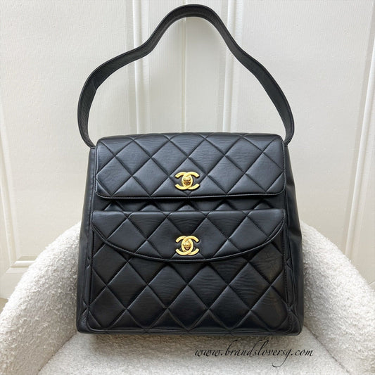 Chanel Double Pocket Shoulder Bag in Black Lambskin and 24K GHW