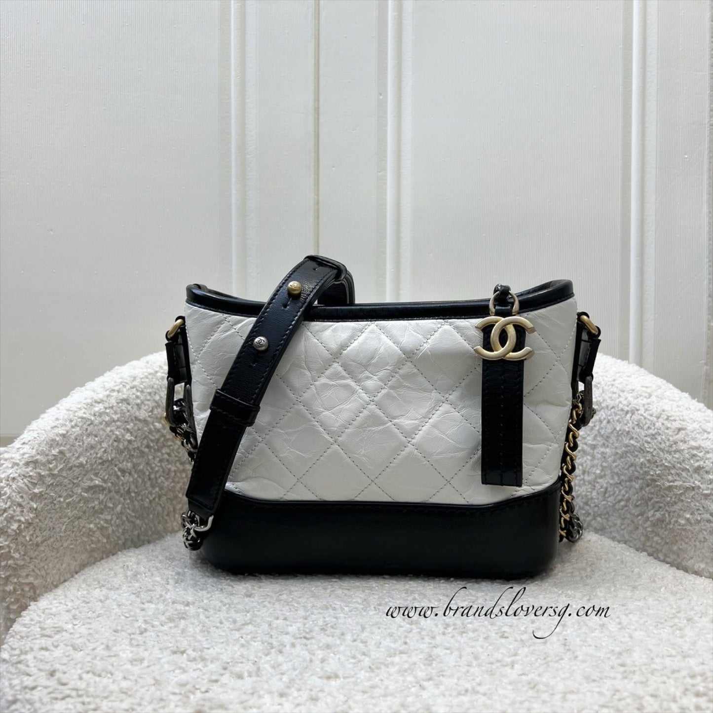 Chanel Small Gabrielle Hobo in White Distressed Calfskin, Black Base and 3 Tone HW Shoulder Bag