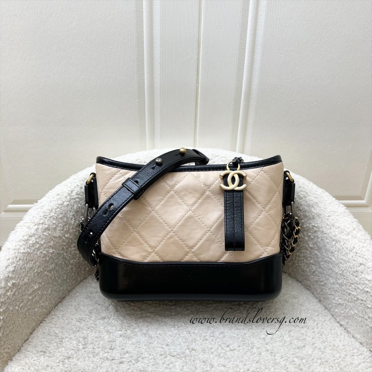 Chanel Small Gabrielle Hobo in Beige Distressed Calfskin, Black Base and 3 Tone HW Shoulder Bag
