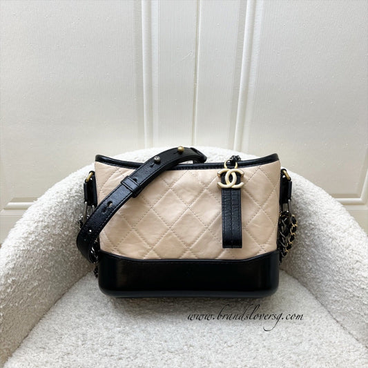 Chanel Small Gabrielle Hobo in Beige Distressed Calfskin, Black Base and 3 Tone HW Shoulder Bag