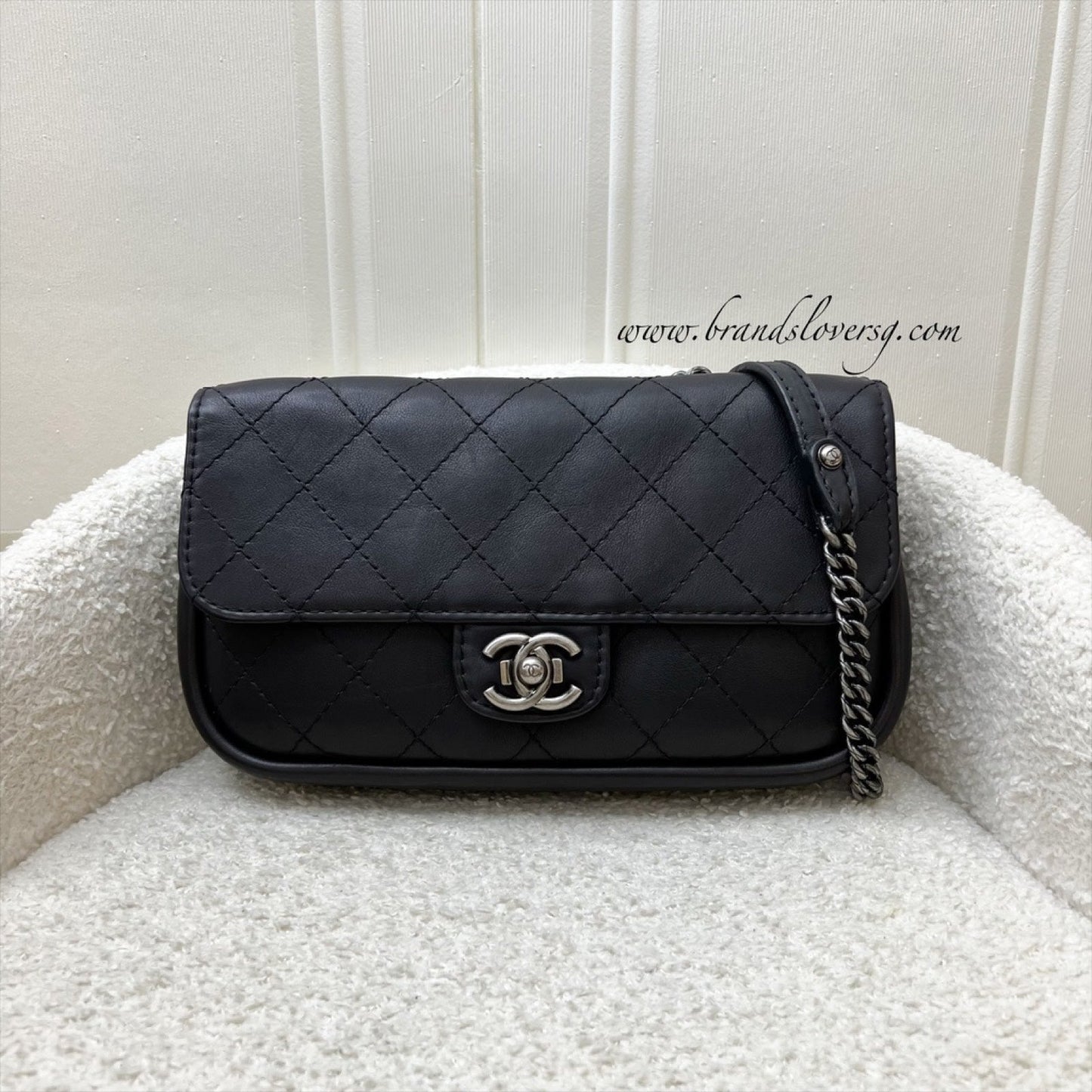 Chanel Seasonal Small Flap Bag in Black Calfskin with Suede Interior and RHW