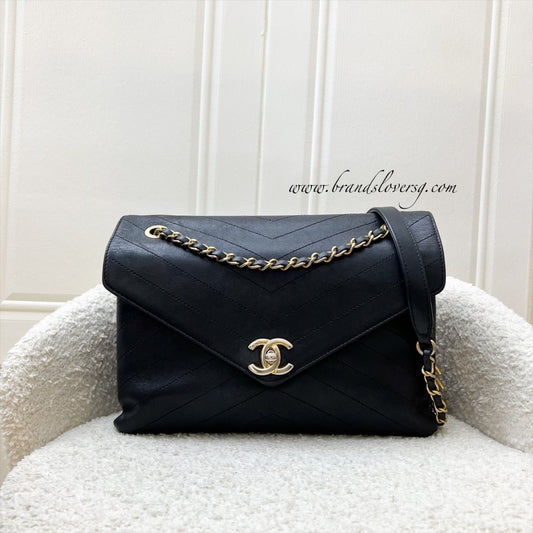 Chanel Medium Envelope Flap Bag in Chevron Quilted Black Calfskin and AGHW