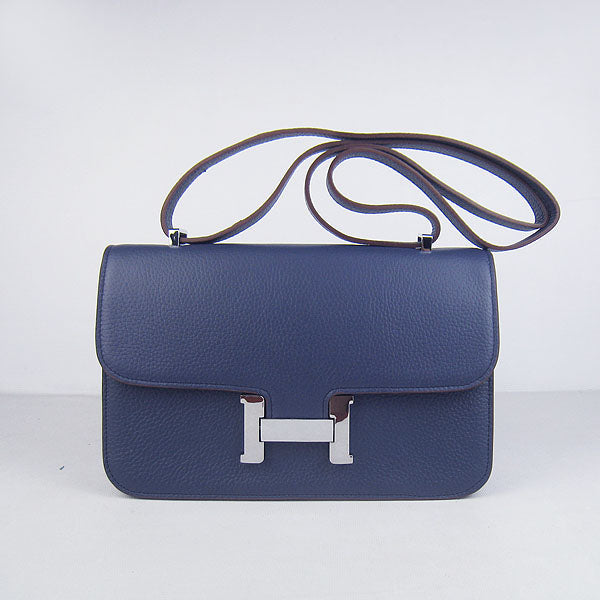 Luxury Hermes calf Leather Message Bag dark blue silver