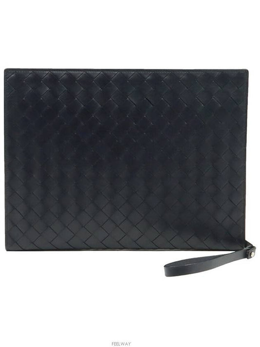 Luxury Bottega Veneta Shadow Intrecciato Half Zipper Document Case Hand Strap Clutch 732639