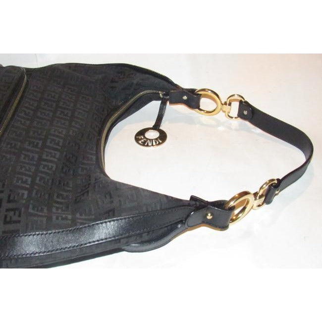 Fendi Chef Shoulder Purse Black Zucchino Or Small F Logo Print Canvas And Black Leather Hobo Bag