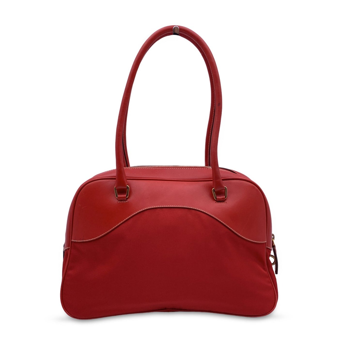 Prada Red Tessuto Travel Canvas And Leather Bowling Bag