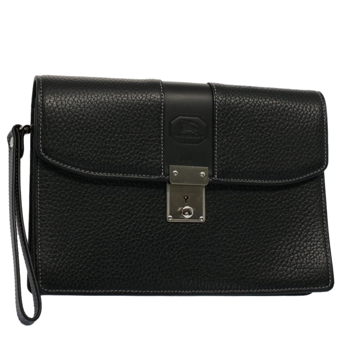 Burberry Clutch Bag Leather Black Auth ep1686