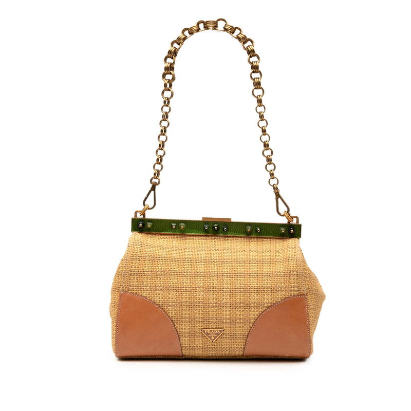 Prada Triangle Logo Plate Straw Shoulder Bag