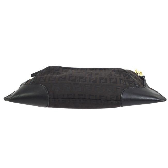 Fendi Chef Medium Sized Shoulder Purse Black Zucchino Or Small F Logo Print On Brown Canvas And Blac