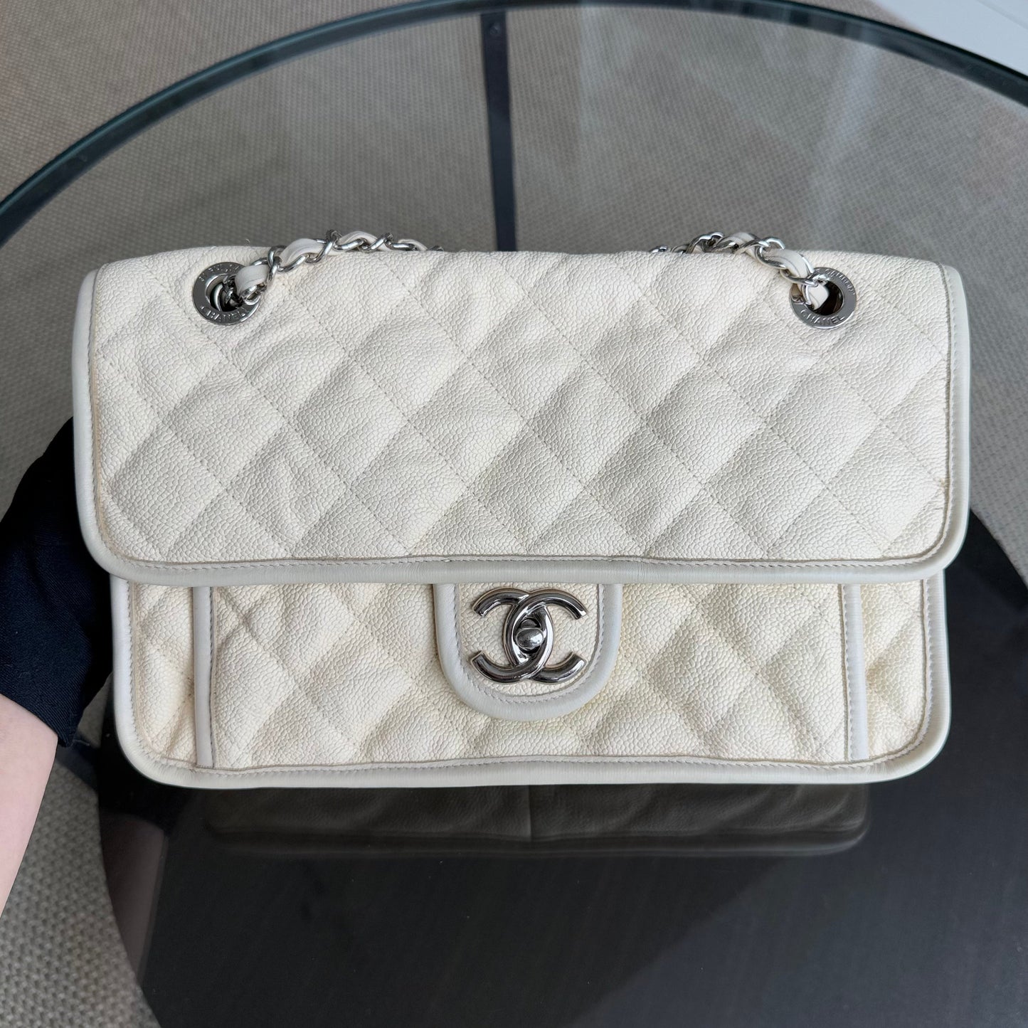 Chanel French Riviera - Caviar 27CM Quilted Cream Silver Hardware Series 15