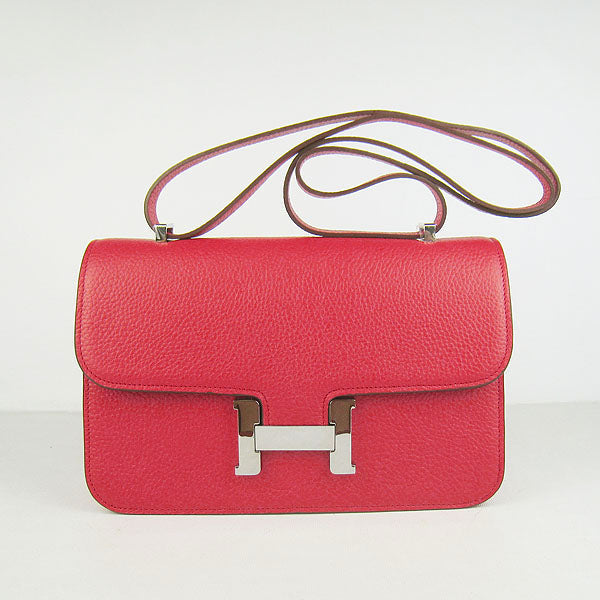 Luxury Hermes calf Leather Message Bag red silver