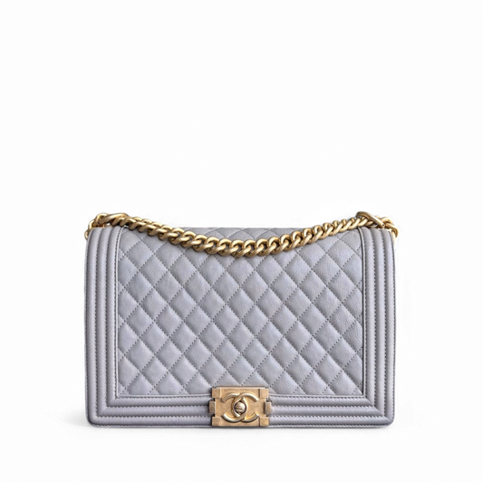 Chanel Boy Medium - Caviar 28CM Quilted Grey Gray Gold Hardware Series 26