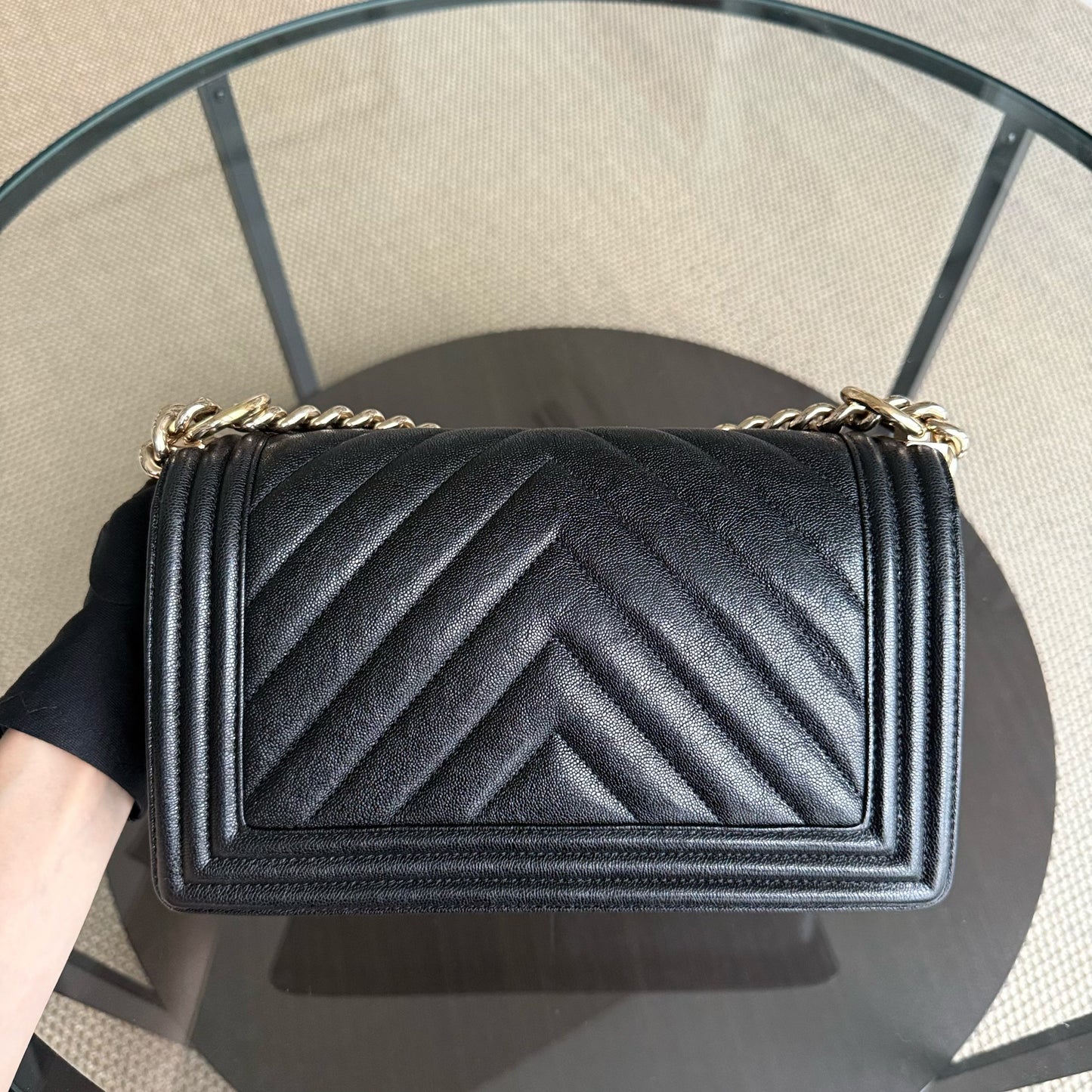 Chanel Boy Medium - Caviar 25CM Chevron Black Gold Hardware Series 28