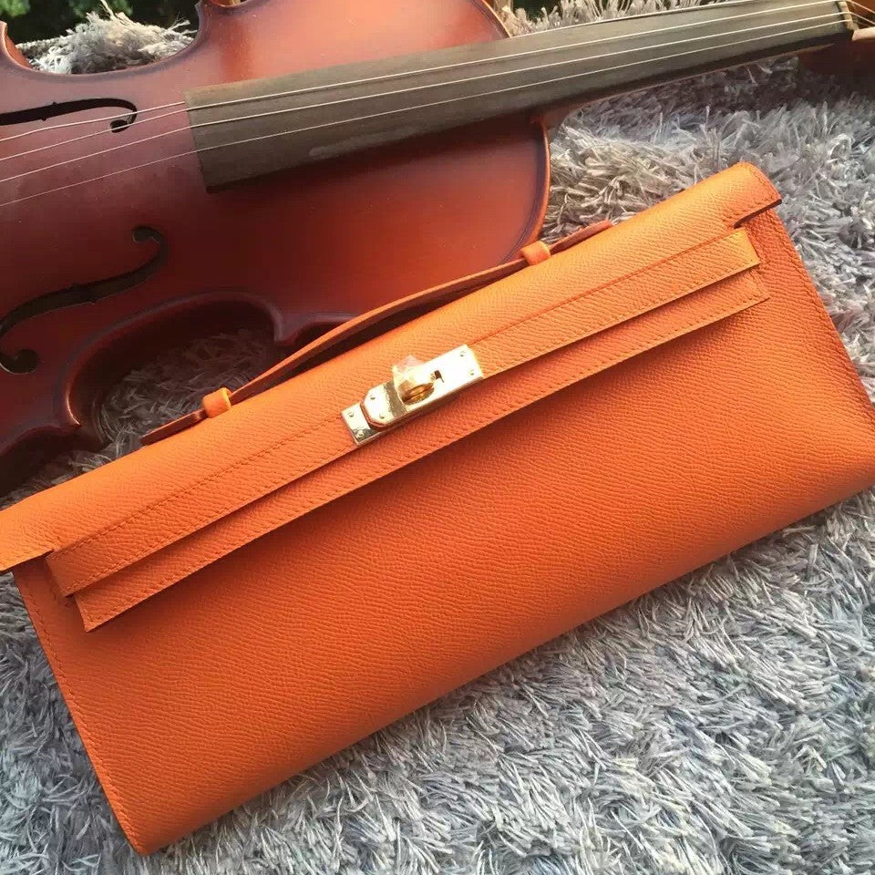 Luxury Hermes Orange Handcrafted Kelly Cut Clutch