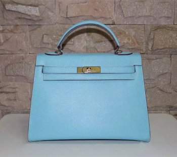 Luxury Hermes Kelly 32cm Epsom Leather Handbag Light Blue Gold