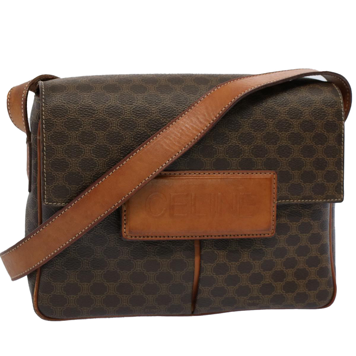 Luxury CELINE Macadam Canvas Shoulder Bag PVC Leather Brown fm2799
