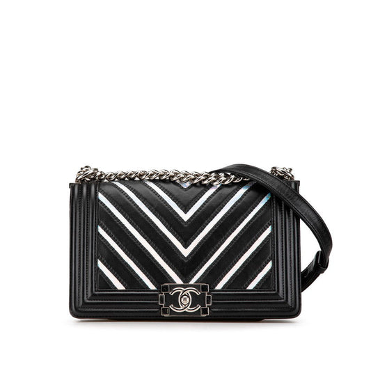 Chanel Boy Chanel Chevron V Stitch Lambskin Patent Leather Shoulder Bag