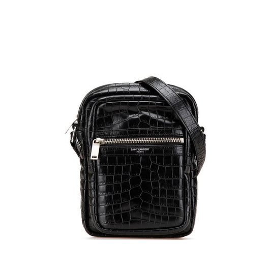 Saint Laurent Sid Croco Embossed Leather Shoulder Bag