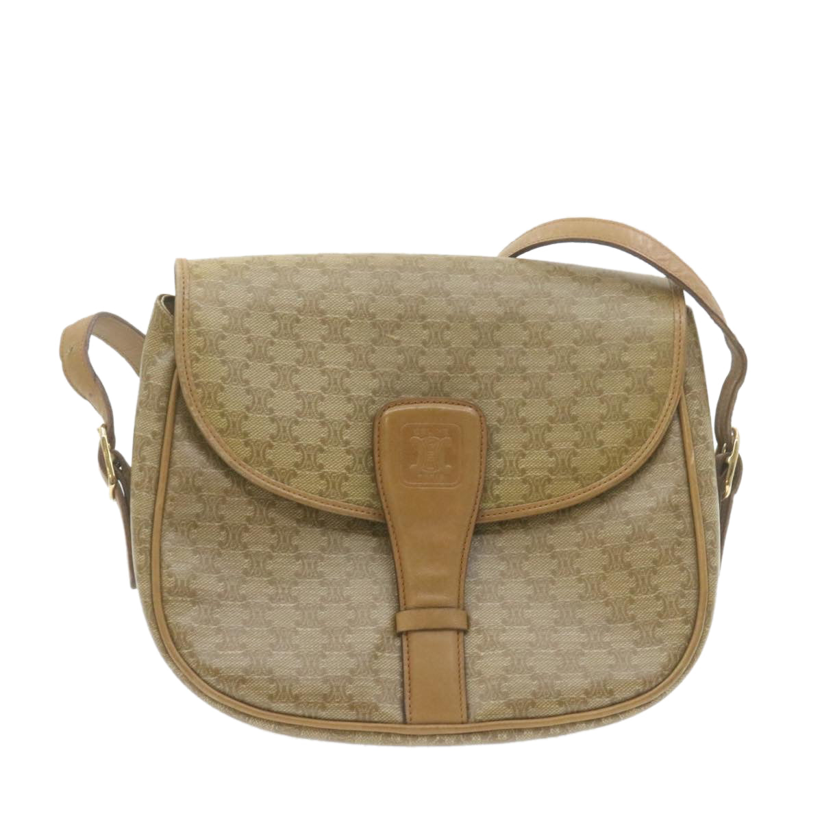 Luxury CELINE Macadam Canvas Shoulder Bag Beige PVC Leather am612g