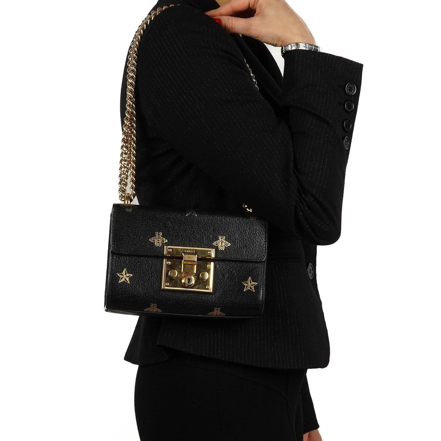 Gucci Bee Star Small Black Grained Calfskin Padlock Shoulder Bag