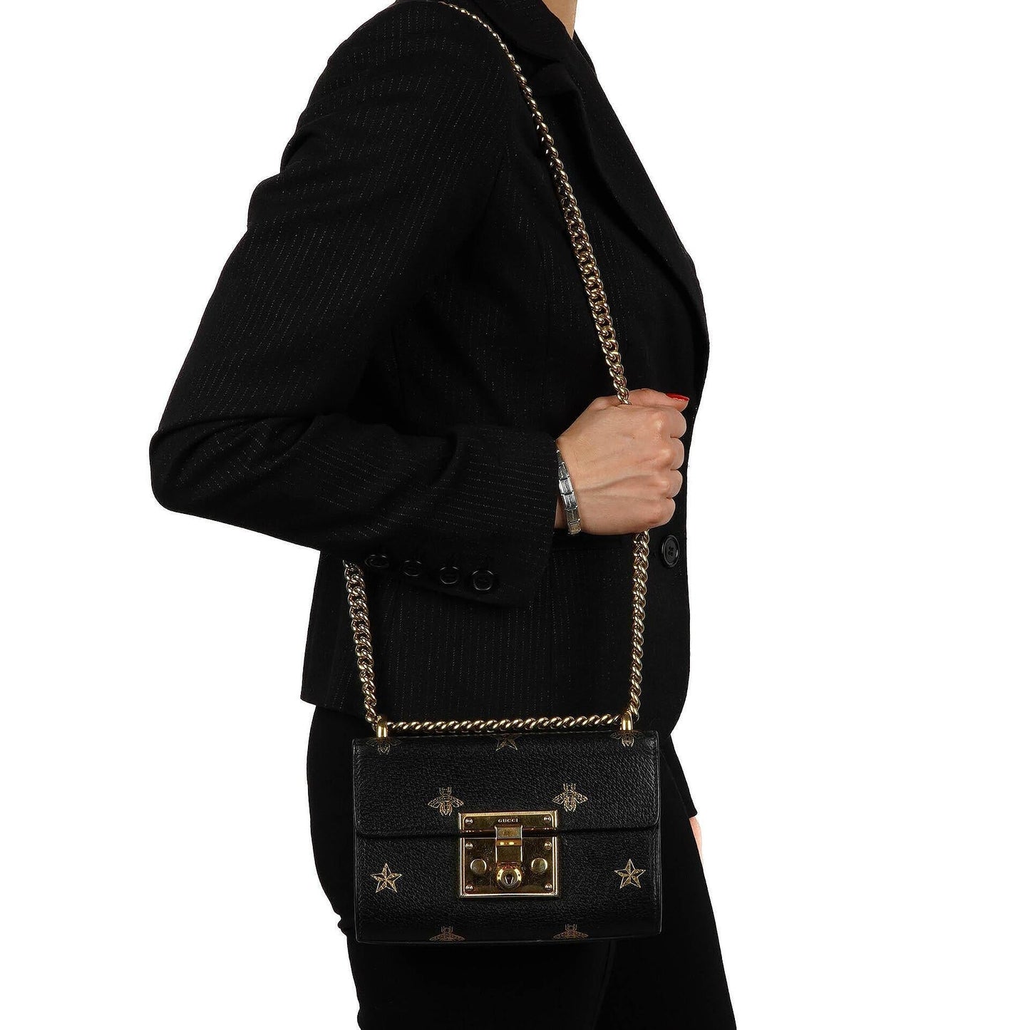 Gucci Bee Star Small Black Grained Calfskin Padlock Shoulder Bag