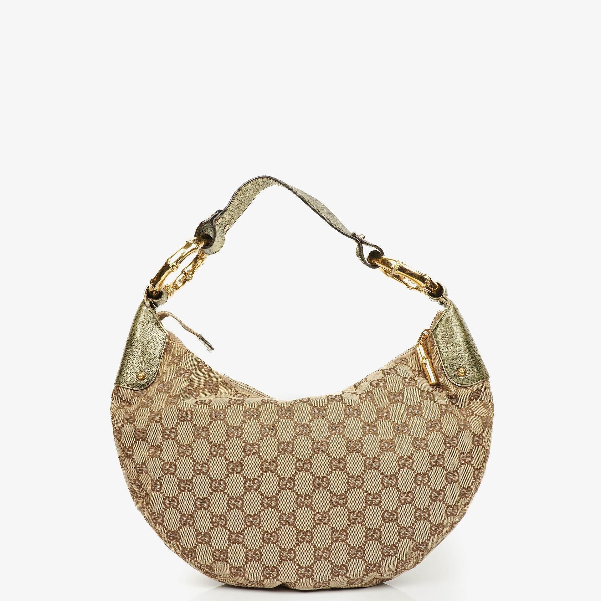 Gucci Beige/Ebony GG Canvas Green Metallic Bamboo Ring Hobo Bag
