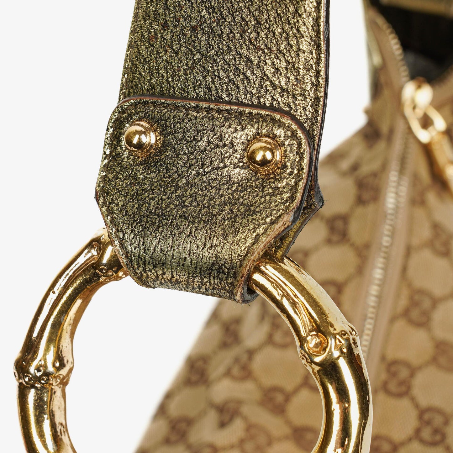 Gucci Beige/Ebony GG Canvas Green Metallic Bamboo Ring Hobo Bag