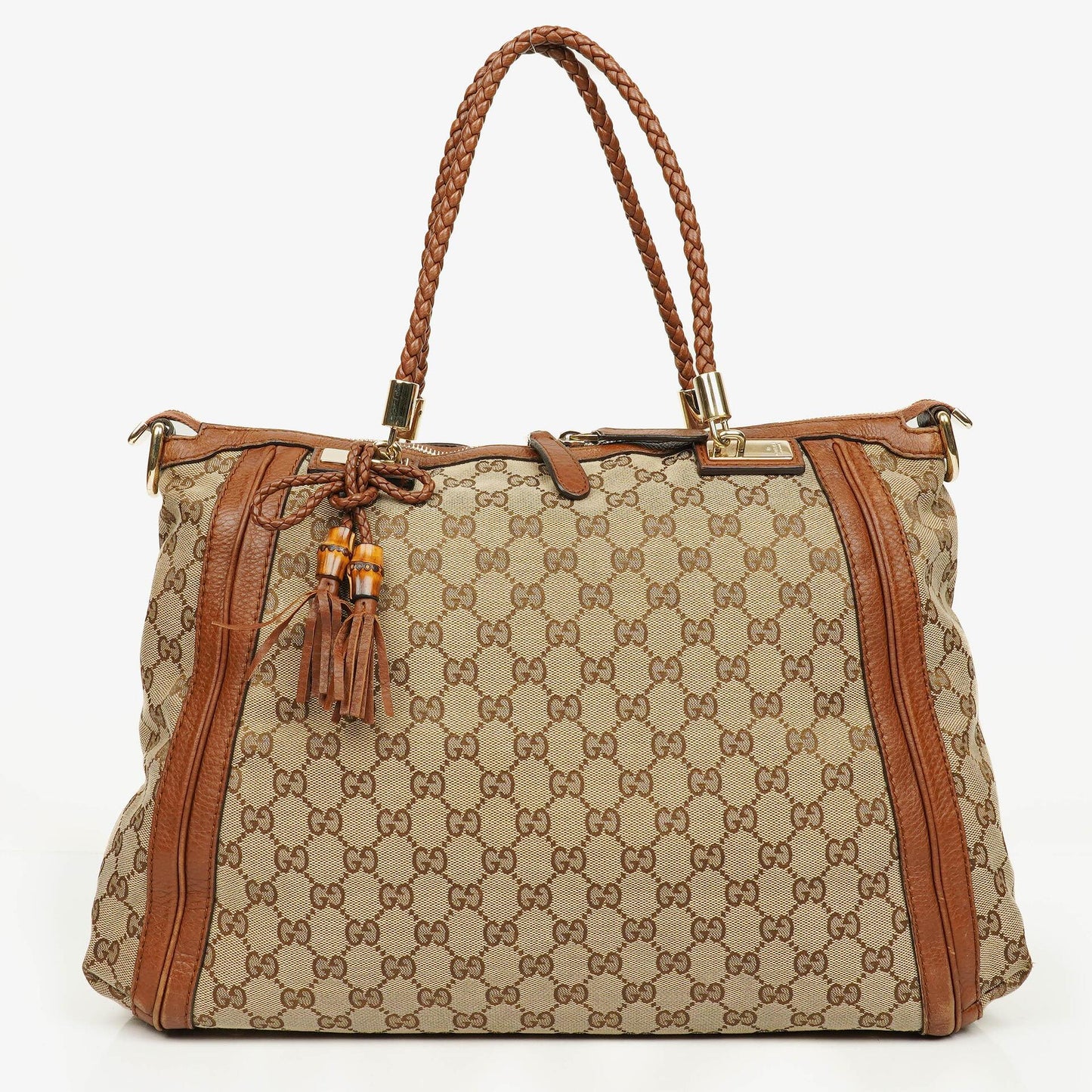 Gucci Bella Monogram Canvas Braided Handles Satchel Tote Bag