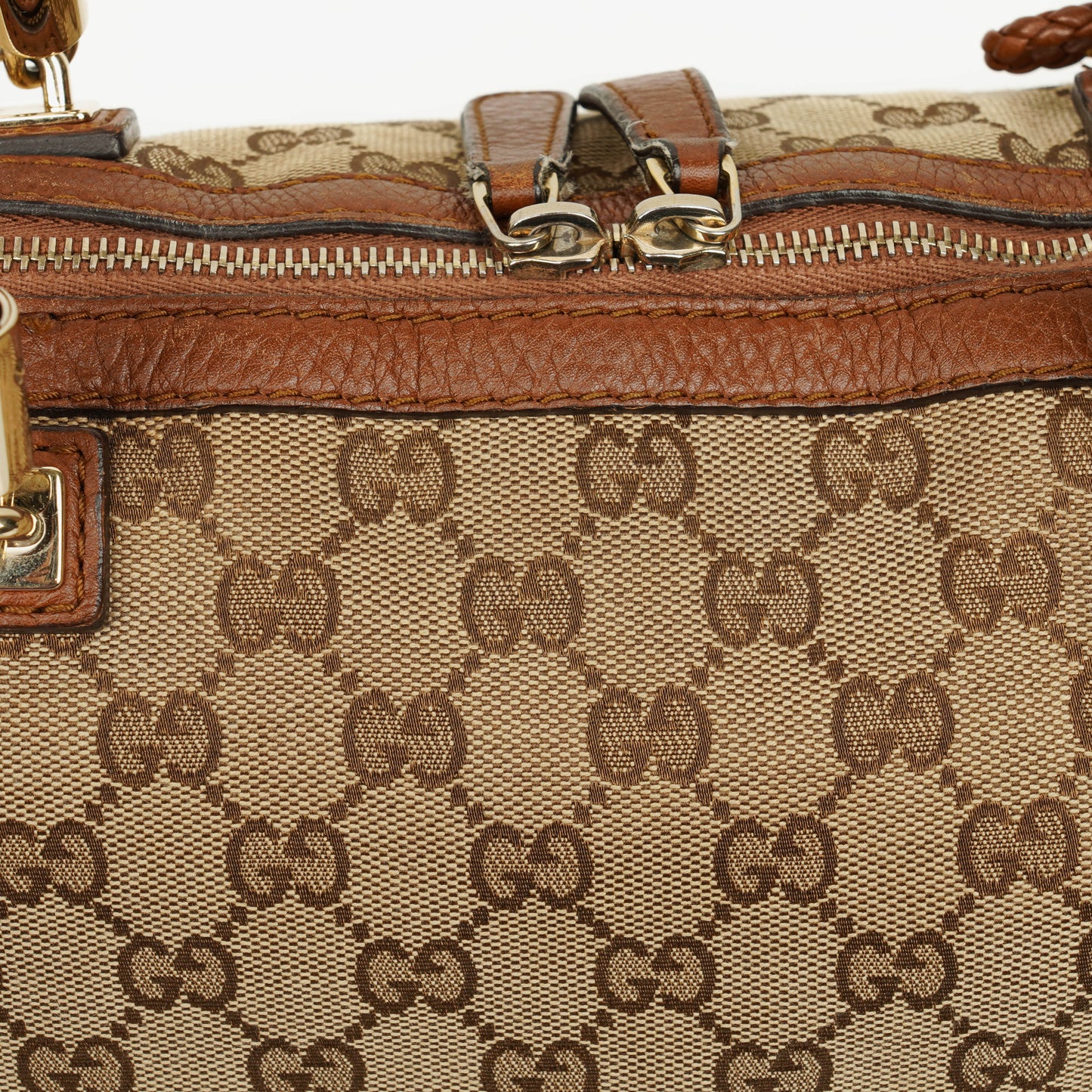Gucci Bella Monogram Canvas Braided Handles Satchel Tote Bag