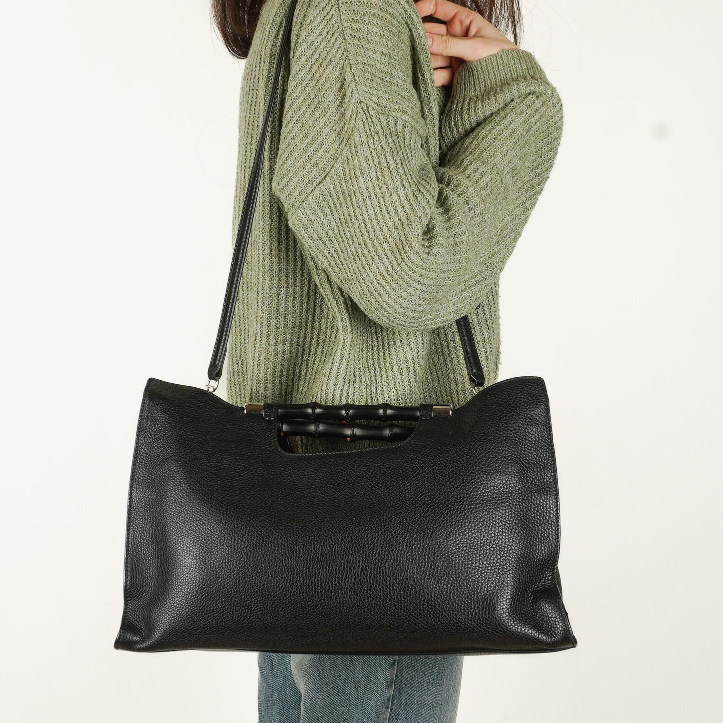 Gucci Black Calfskin Bamboo Daily Shopper Bag