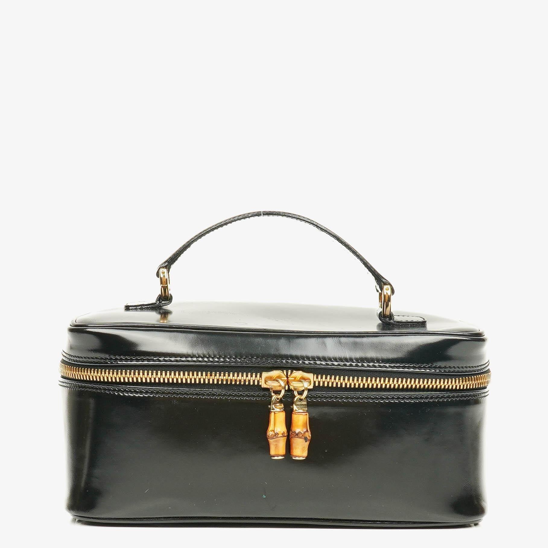 Gucci Black Patent Leather Bamboo Vanity Bag