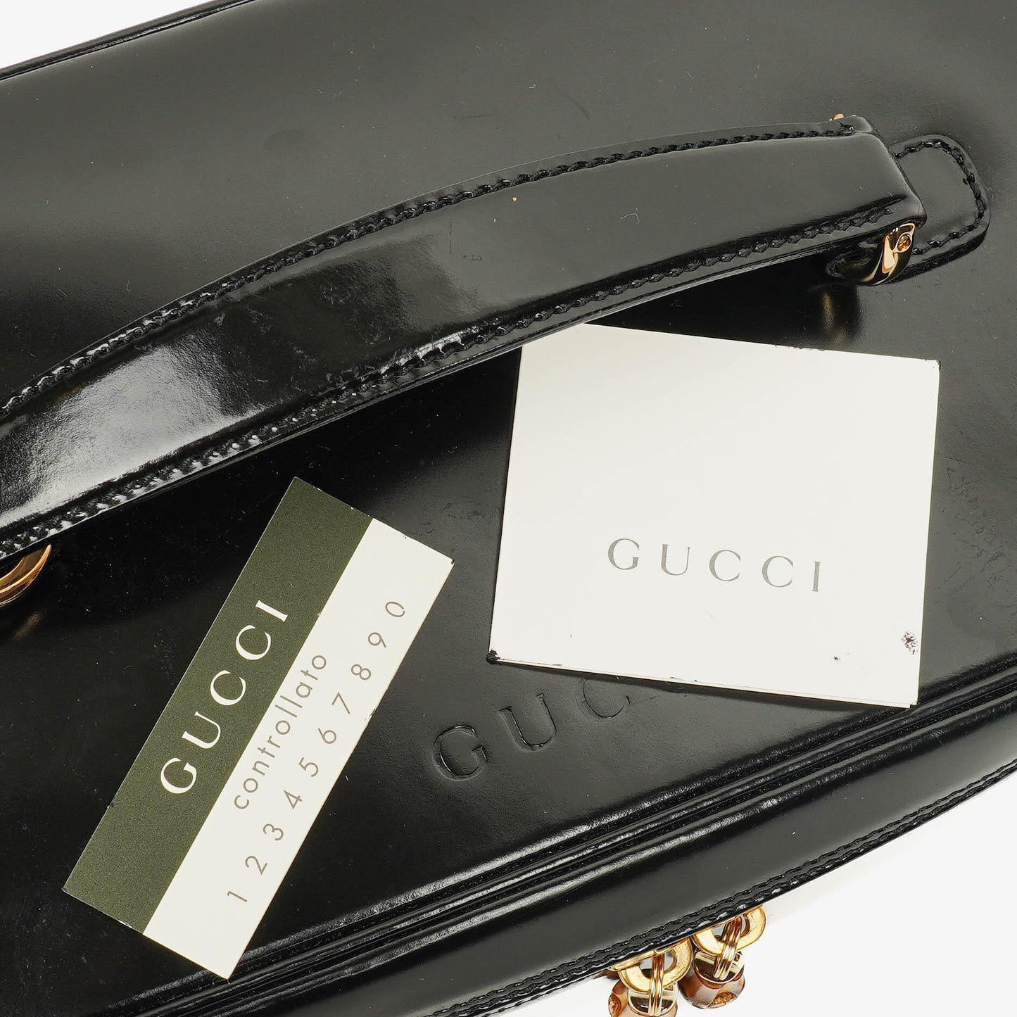 Gucci Black Patent Leather Bamboo Vanity Bag