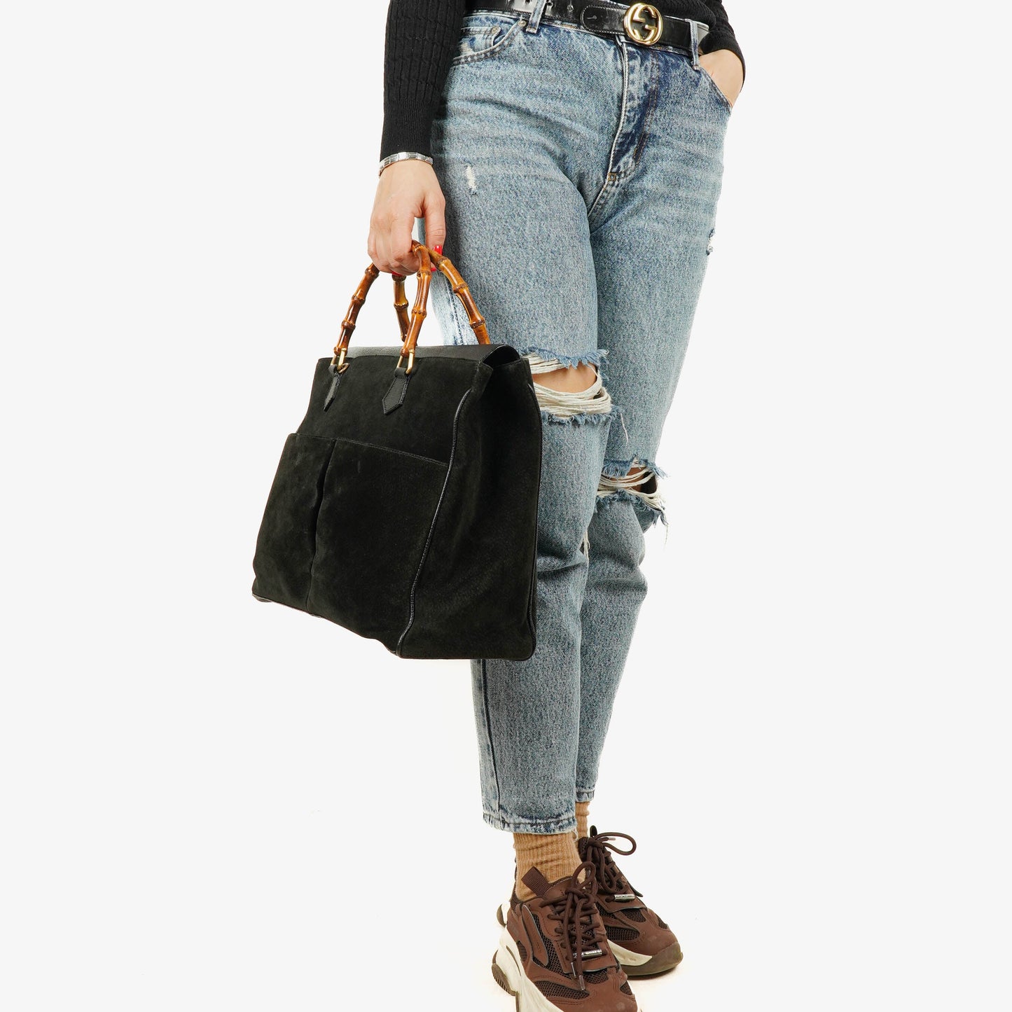 Gucci Black Vintage Suede Bamboo Tote